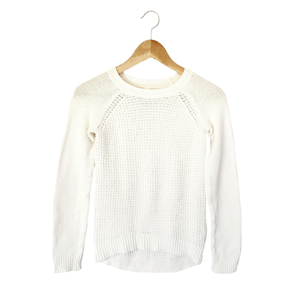 Aeropostale White Cable Knit Crochet Crew Neck Long Sleeve Cozy Sweater Size‎ XS